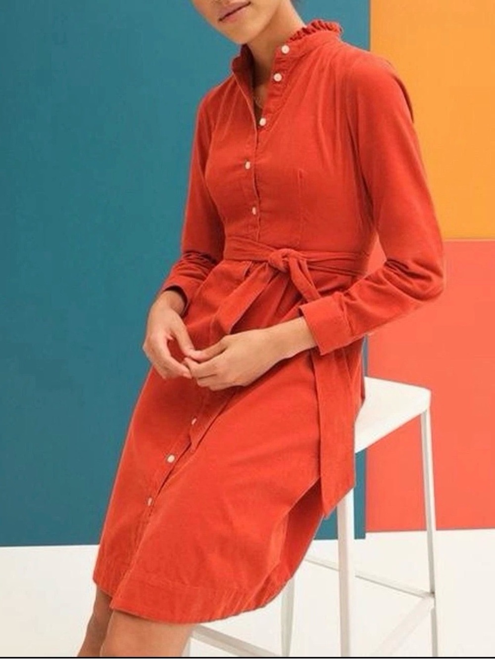 J.Crew Womens 0 Orange Corduroy Shirt Dress Ruffle Collar Belted 100% Cotton